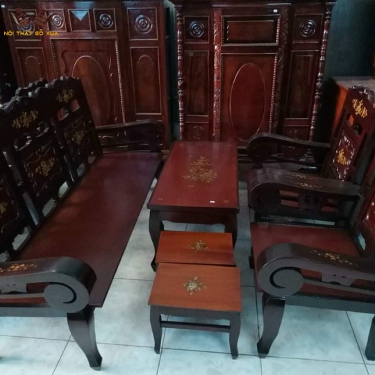 Bộ salon tay cuộn cũ xưa gỗ căm xe