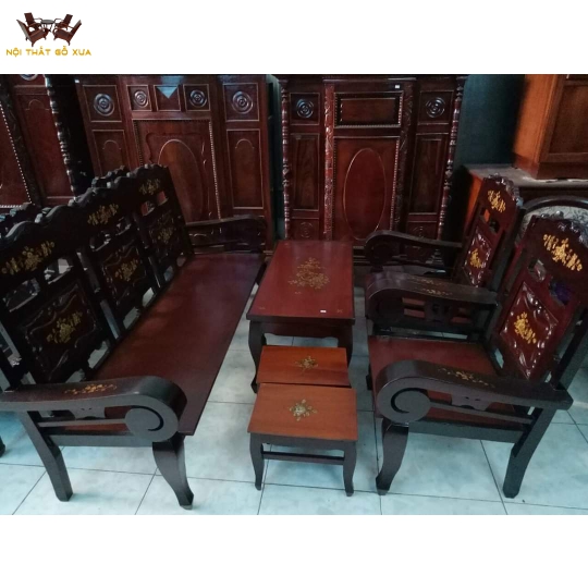 Bộ salon tay cuộn cũ xưa gỗ căm xe